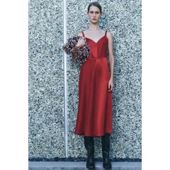 Zara Womens Slip Dress XL Red Satin Midi Sleeveless Cocktail 8740/162 NWT - Picture 1 of 16